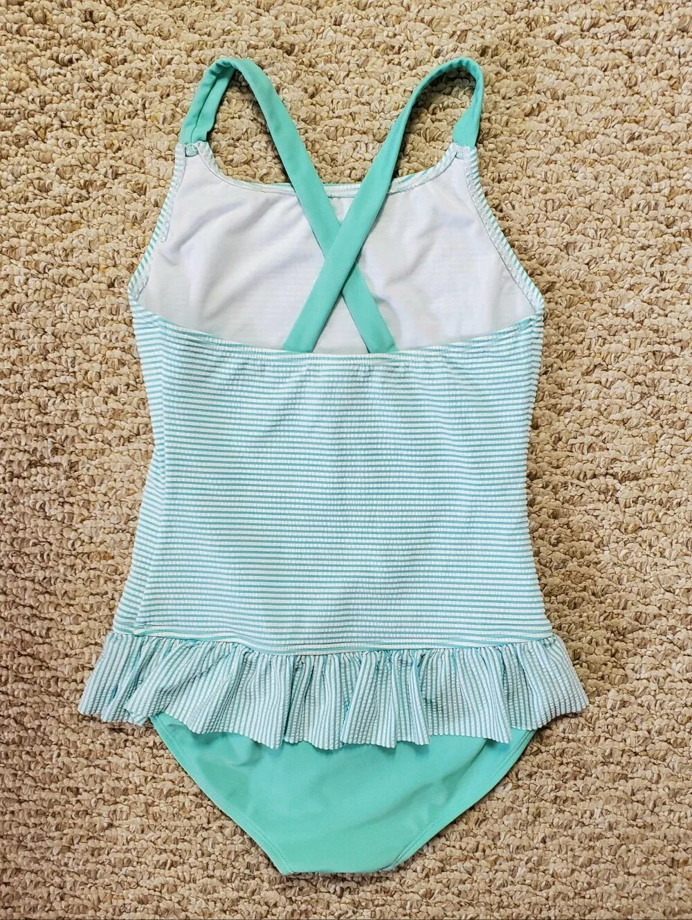 Cat And Jack Girls' Mint Green Stripe Seersucker Ruffle One-Piece Swimsuit LG